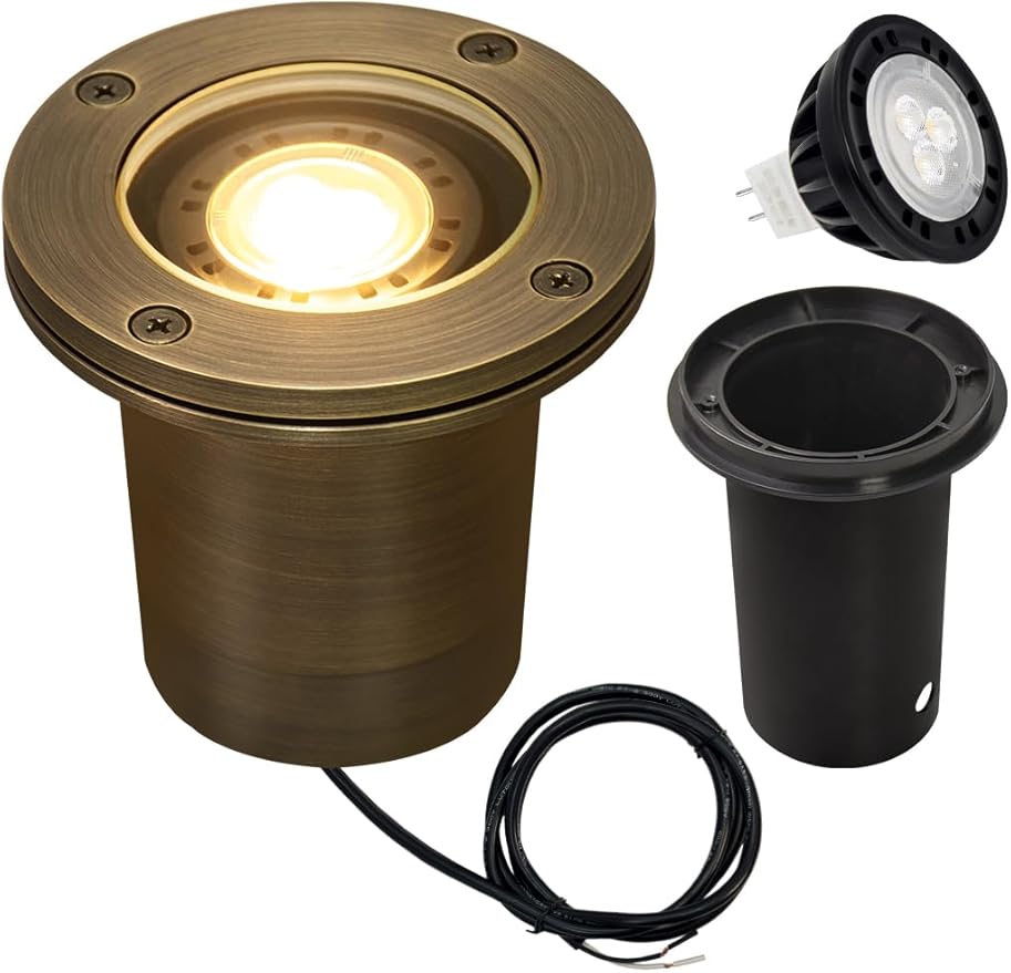 MALORY Brass Landscape Well Lights,(φ99 mm) 12V Low Voltage Outdoor In Ground Lights,Landscape Lighting for Pathway, Driveway and Garden (Full Brass -01A, 1-Pack with Bulb)