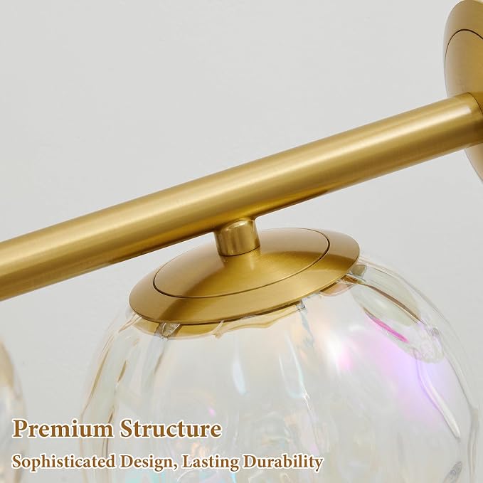 Brushed Gold LED Stained Hammered Glass Globe Bathroom Vanity Light | Colorful Water Ripple Light Effect, Decorative Stained Hammered Glass, Brushed Gold Finish, Built-In LED Source, mcm design