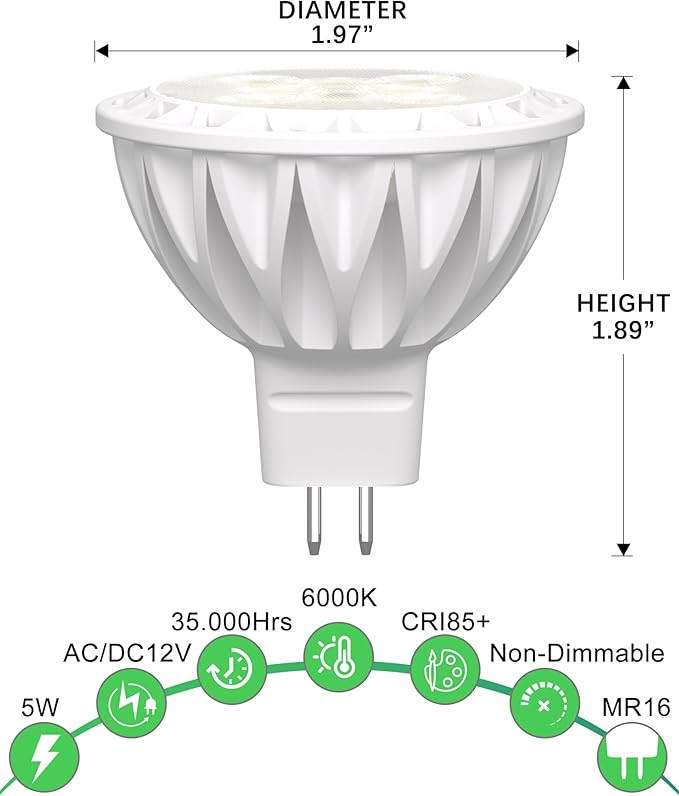 MR16 LED Bulbs 12-Pack 6000K Cool White 5W GU5.3 Spotlight Bulb, Non-Dimmable 38° Beam Angle for Landscape, Recessed, Track Lighting,Commercial Security & High Bay Lighting