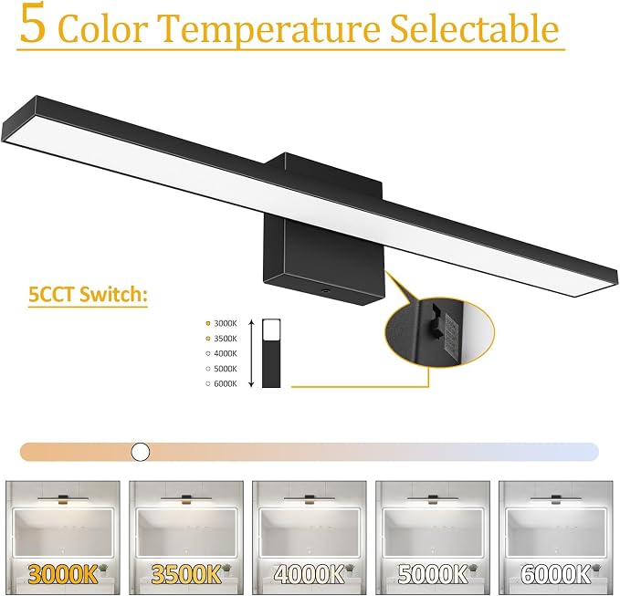 Ralbay 5 Color Temperature Dimmable LED Modern Bathroom Vanity Light Bar 24inch Matte Black Modern Acrylic Bathroom Wall Lighting Fixtures Over Mirror
