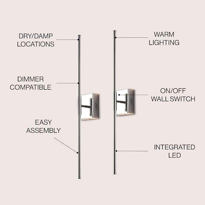 JONATHAN Y Makena 28" 1-Light LED Wall Sconce, Chrome, Set of 2 | Dimmable, Modern, Integrated 12W, Hardwired, Sleek Metal, Ambient, Bathroom Mirror, Bedroom, Hallway, Vanity Mount