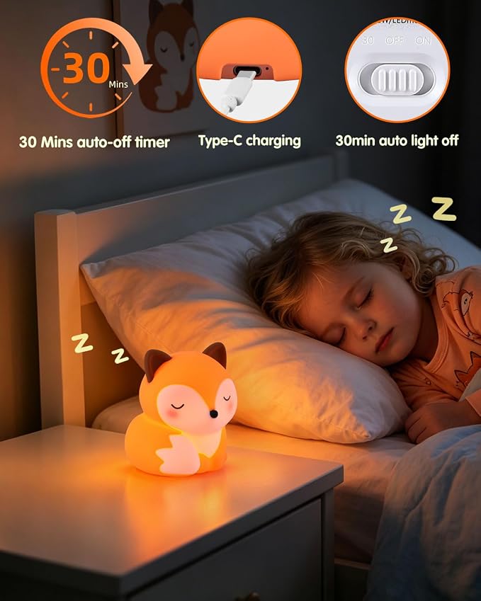 YISUN Fox Silicone LED Night Light, 3 Level Dimmable Kids Room Nursery Lamp | Soft Squishy, Rechargeable Bedside Touch Light, Novelty Animal Lamp for Boys Girls Toddlers