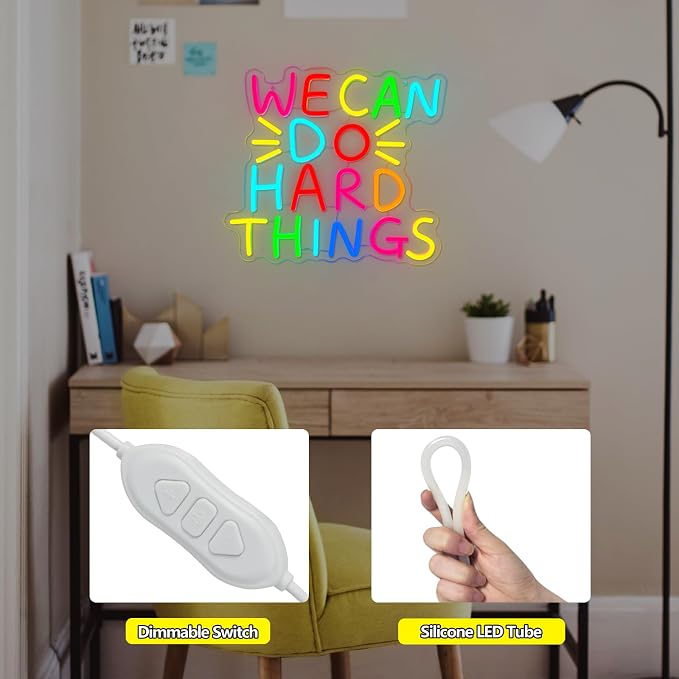 We Can Do Hard Things Neon Sign Inspirational Classroom Neon LED Light | Dimmable Kids Wall Art Neon Signs for Classroom Backdrop Library Office Bedroom Reading Room Birthday Party Decoration