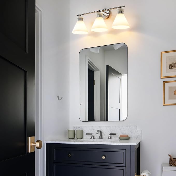 WOSHITU Nickel Bathroom Vanity Light Fixtures: Vanity Lighting Fixtures Over Mirror 23.4 inch with Milky White Frosted Glass, 3-Lights Vanity Light Above Mirror Bathroom Wall Light(Exclude Bulb)