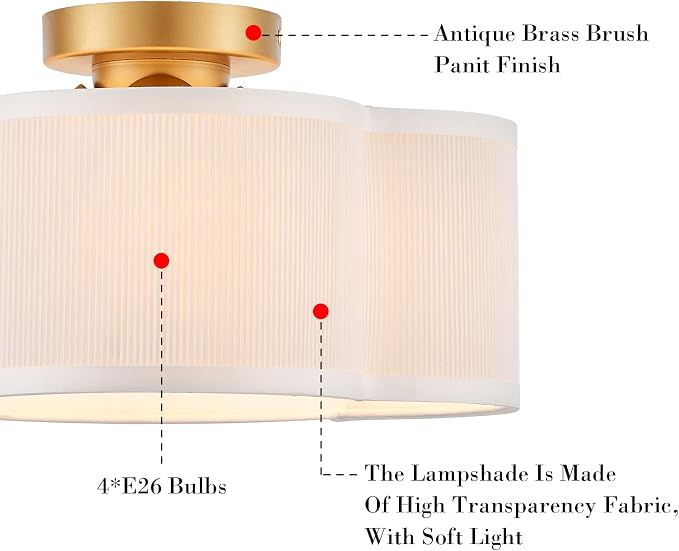 VILUXY Gold Semi Flush Mount Ceiling Lights, 4-Light Modern Ceiling Light Fixture with White Pleated Fabric Shade in Flower Shade Nursery Light Fixture for Hallway Bedroom