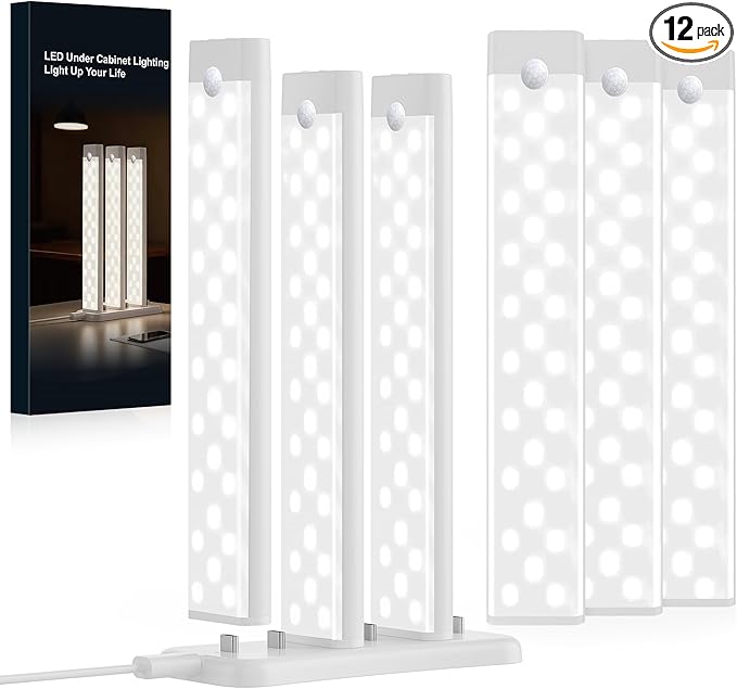 12 Packs Under Cabinet Lighting with 2 Charging Station 8 Inches, Rechargeable Motion Sensor Light Indoor, 3 Color Dimmable Closet Light, USB Led Stick on Under Counter Lights for Kitchen Shelf