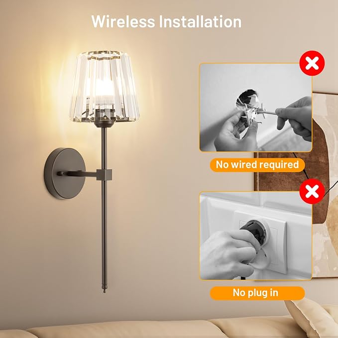 Crystal Battery Operated Wall Sconces Set of 2, Brown Rechargeable Wireless Wall Lights with Crystal Lampshade, 12 RGB and 3CCT Dimmable Wall Lamps with Remote for Bedroom Living Room Hallway