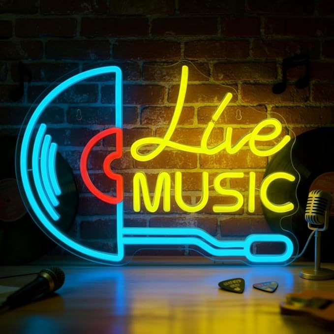 Live Music Neon Sign Vinyl Record LED Wall Light for Music Room Decor | USB Powered Live Music Neon Light, Retro Music Wall Decor for Vinyl Record Room Studio Bedroom Bar Cafe Gift for Musicians