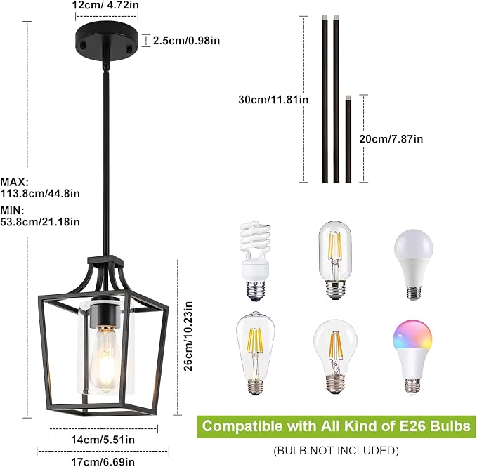 foucasal Black Farmhouse Lantern Pendant Light for Kitchen Island 6.69" | 1 Light, E26 Ceramic Socket, Clear Glass Shade, Adjustable Height Rods, Ideal for Kitchen Dining Room Foyer Hallway Entrance