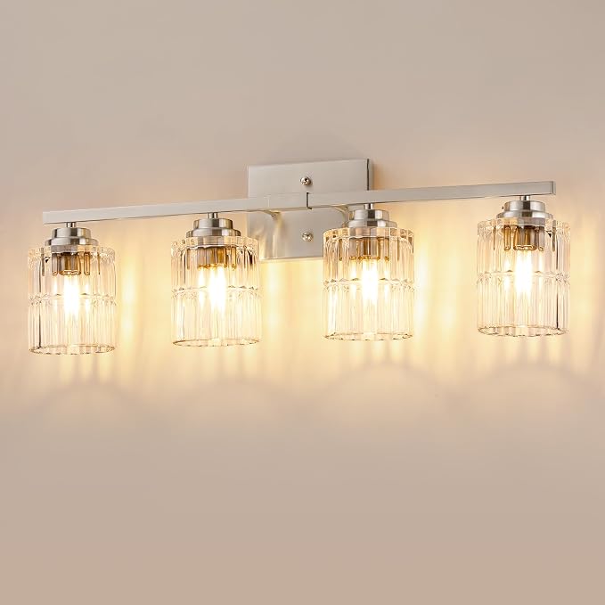 TALOYA Nickel 4Light Bathroom Vanity Light with Fluted Cylinder Glass Shade | Modern Vanity Lighting Fixtures, Bathroom Lights Over Mirror, Wall Mount Mirror Light Fixtures for Bathroom Hallway Bedroom