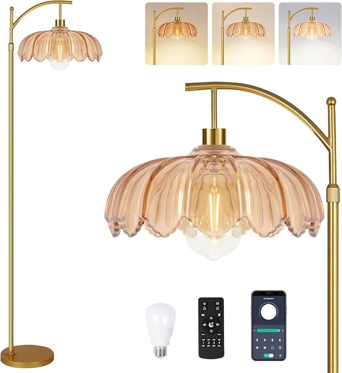ILLMTW Gold Floor Lamp for Living Room,Bedroom,Mid Century Modern Standing Lamp with Remote,Dimmable Brass Tall Lamp Amber Glass Vintage Retro Arc Floor Lamps Flower Floor Light Boho Bohemian