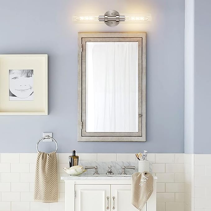 Brushed Nickel 2-Light Bathroom Vanity Light Fixture, Modern Bathroom Sconces Wall Lighting W/Clear Glass Shade, Horizontal and Vertical Wall Mount Lamp for Mirror Hallway Kitchen