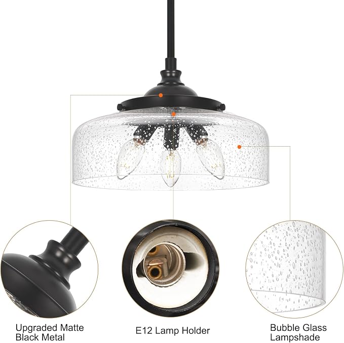 Black Vintage 3-Light Pendant Lights Kitchen Island, Adjustable Height Kitchen Island Lighting, Bathroom Pendant Light with Bubble Glass Shade- Dual Mount Ceiling & Hanging Fixtures with 90° Swivel