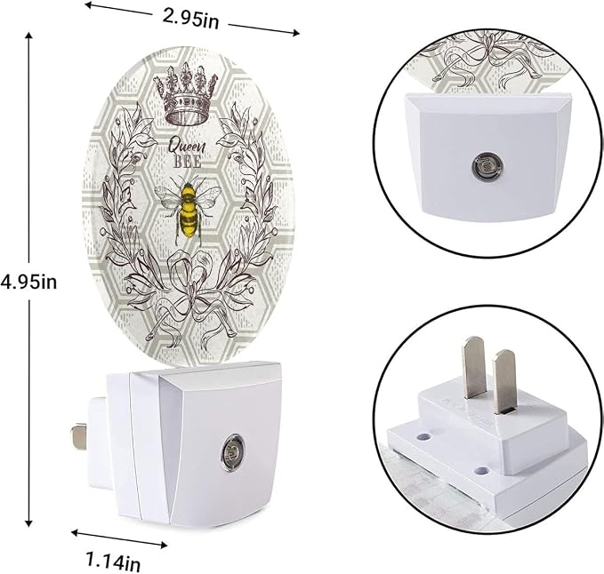 EKOBLA Queen Bee Night Light, Bee Theme Round Night Lights Plug Into Wall with Auto Sensor, Dusk to Dawn Lighting for Bedroom, Hallway and Kitchen