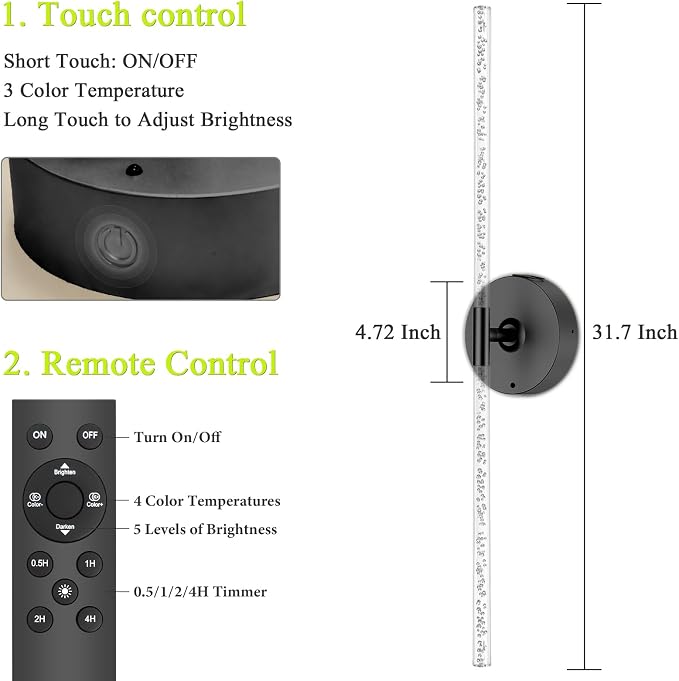 10000mAh Battery Operated Wall Sconce Lights Set of 2(Black,Bubble Crystal) | Rechargeable Wireless Wall Lights, Touch & Remote Control, 4CCT Dimmable Cordless Lamp for Bedroom Living Room Hallway 31.5in