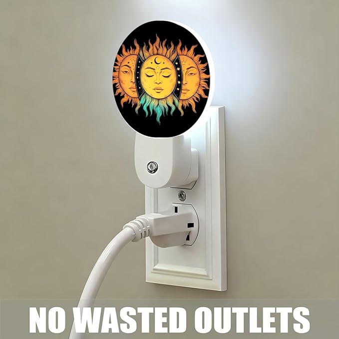 Plug-in Mystical Celestial Suns Art Night Light Sun Faces with Moon and Stars Nightlight with Dusk to Dawn Sensor, Auto On/Off 0.5W Energy-Saving LED Lighting Sleep Friendly