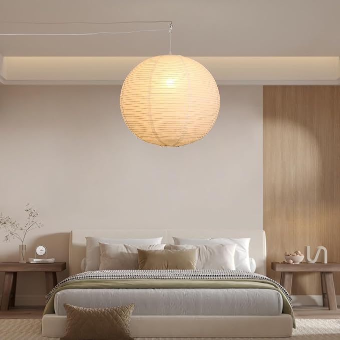 23.6in Paper Lanterns Plug in Hanging Lamp White, 19.7FT Cord | Rice Paper Lamp Lantern Pendant Light Large Globe Japanese Japandi Wabi Sabi Chandelier for Dining Living Room Bedroom 1 Pack