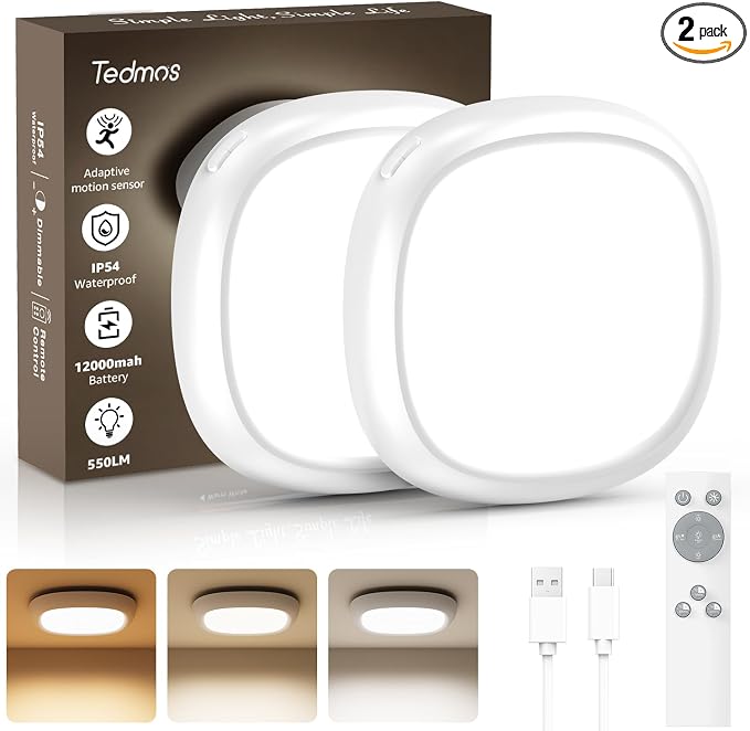 IP54 Waterproof Shower Light, Rechargeable Ceiling Lights No Wiring | 12000mAh Battery Operated, Remote, Portable, Wireless Motion Sensor Closet Overhead Light for Garage Hallway Pantry Bathroom