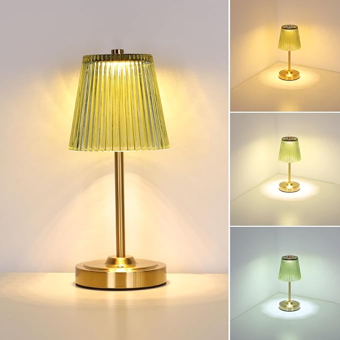 Shenmoyl Cordless Touch Table Lamp with 5200mAh Battery - 3 Adjustable Color Temperatures & Dimmable, Rechargeable Desk Lamp for Bedroom, Living Room, Office, Entryway, Bookshelves (Green Stripe)