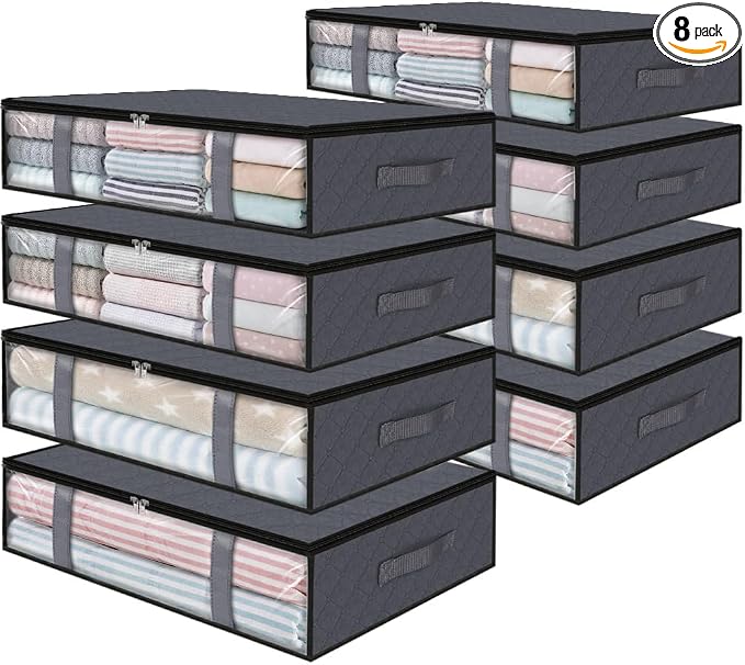StorageRight Under Bed Storage Bags, 8 Pack, 40L, Gray | Breathable Non-Woven Fabric with a Clear Window and Zippered Top for Clothes, Comforters, Blankets and Seasonal Storage