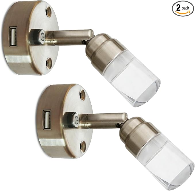 RV Reading Lights 12v Interior RV Light With USB Port Camper Sconce Led Lighting with USB-A Charger for Bedside 2W 100LM 12 Volt Led Light Blue Warm White 3000K Lighting Fixture Brushed Nickel, 2-Pack