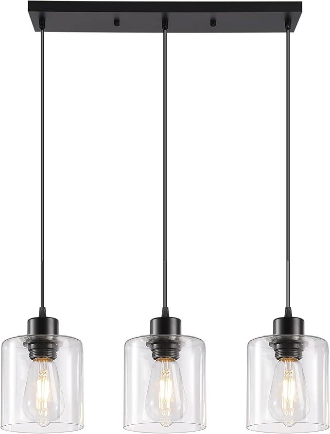 3-Light Pendant Light Fixtures with Clear Glass, Black Hanging Light Fixture for Ceiling, Adjustable Kitchen Island Light for Dinning Room, Bedroom,Hallway, E26 Base, Bulbs Not Included