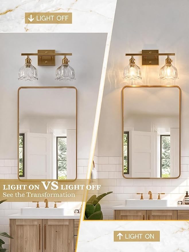3-Light Vintage Bathroom Vanity Light, 19.4" Brass Hardwired Wall Sconce with Amber Tulip Glass Shades, Brushed Gold Vanity Light for Mirror, Restroom, Bedroom (Clear, 2-Light)
