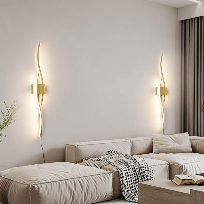Daunton Modern Gold Plug in Wall Sconces Set of Two, RC Dimmable LED Plug in Wall Light, Wall Lamps with Plug in Cord for TV Wall Sconces, Gold Sconce Wall Lighting for Living Room, Hallway, Bedroom