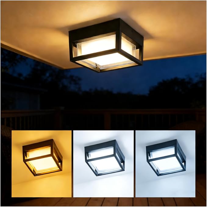 Outdoor Ceiling Light, IP65 Waterproof 6.3 inch Porch Lights Outdoo, 20W 3000K-6500K LED Square Exterior Wall Lamp for Patio Balcony Terrace, Flush Mount for Wall or Ceiling