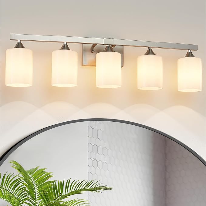 ZHU YAN Modern Vanity Light Over Mirror, 5-Light Brushed Nickel Bathroom Lighting Fixtures, White Frosted Glass Shades,Bathroom Lights for Mirror Living Room Bedroom E26 Socket