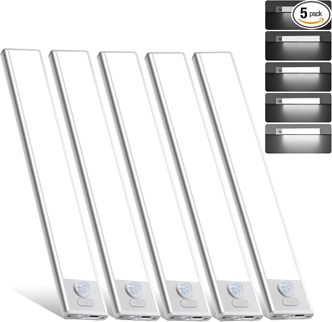 16 inch Dimmable Under Cabinet Lighting, 68 LED Rechargeable Battery Motion Sensor Light Indoor, Stick On Magnetic Closet Lights, Under Counter Lights for Kitchen, Stairs, White Light 5 Pack