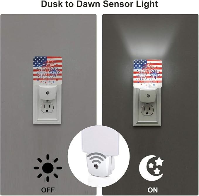4th of July Patriotic Fireworks Night Light Set of 2 Plug-in | USA Auto Sensor LED Dusk-to-Dawn Nightlights, Sensor Lamp for Bedroom Bathroom Kitchen Hallway Stairs Decorative