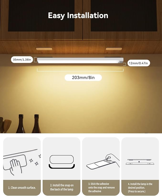 12 Packs Under Cabinet Lighting with 2 Charging Station 8 Inches, Rechargeable Motion Sensor Light Indoor, 3 Color Dimmable Closet Light, USB Led Stick on Under Counter Lights for Kitchen Shelf