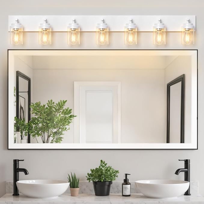 IZORRO Bathroom Vanity Light Fixture, 7-Light 52 inch White Bathroom Light Fixtures Over Mirror, with Clear Glass Shade, Modern Farmhouse Vanity Lights, Rustic Restroom Lighting Fixtures