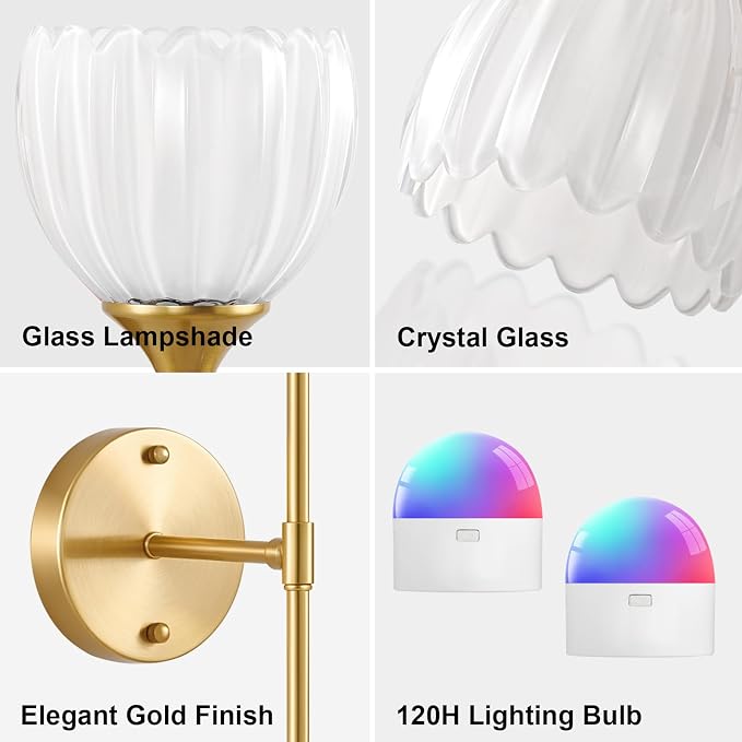 Vintage Battery Operated Wall Sconce Set of 2, White Tulip Glass Lampshade Wireless 5300 mAh Rechargeable Battery Powered LED Wall Light with Remote Dimmable for Bedroom Bathroom Living Room