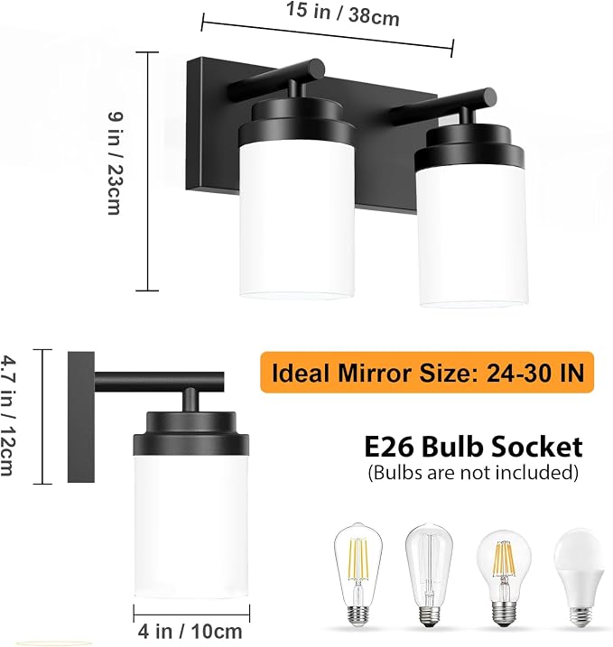 IZORRO Bathroom Vanity Light Fixture, 2-Light 15 Inch Matte Black Bathroom Light Fixtures Over Mirror, with White Glass Shade, Modern Farmhouse Vanity Lights, Rustic Restroom Lighting Fixtures