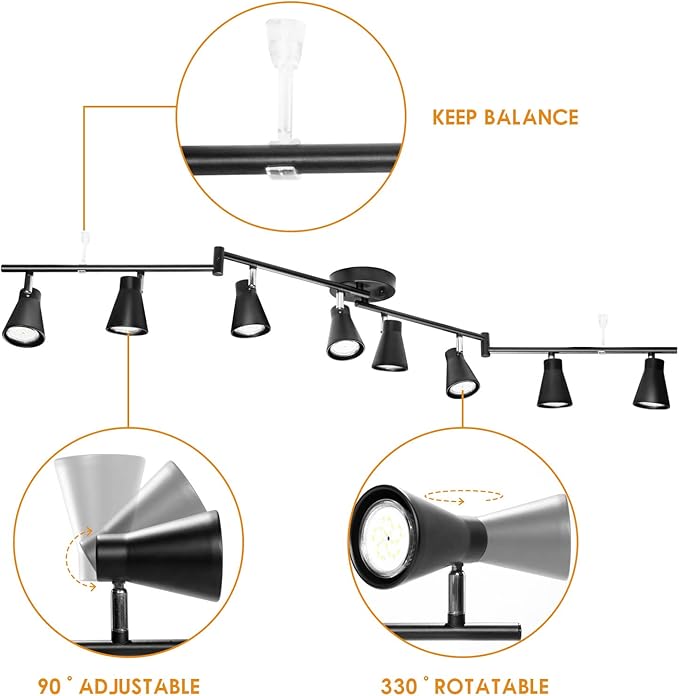 LABOREDUCER Flexible Track Lighting Fixture, Foldable Ceiling Spot Light with Adjustable 8 Light Heads, GU10 Track Light Kit for Kitchen Bedroom Living Room Matte Black (Bulbs Not Included)
