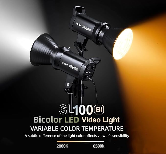 Godox SL100Bi 100W Bi-Color LED Video Light – 32,100 Lux@1M, 2800K-6500K, CRI 96+, TLCI 97+, Bowens Mount, 11 FX, App & Remote Control, Silent Studio Bright Lighting for Video & Photography
