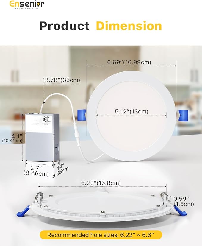 Ensenior 12 Pack 6 Inch LED Recessed Light, Dimmable, 6000K Clear White, 1200LM High Brightness, 12W 120V, 2 Pin, ERL-12X-ETL, Damp Rated, Ultra-Thin Canless Wafer Ceiling Light - ETL & FCC & IC