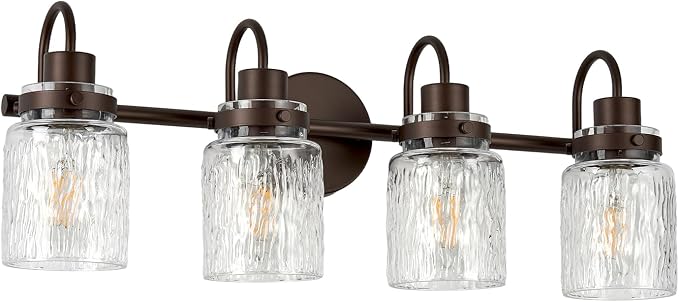 4 Lights Hammered Glass Bathroom Vanity Light, Oil Rubbed Bronze | Easy Installation,Up or Down,Farmhouse Modern Style,E26 Socket,ETL Certification