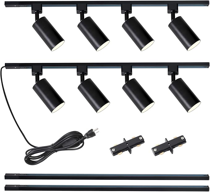 Plug in Track Lighting with Power Cord, 8-Light GU10 Track Lighting Kit with 6.6FT H Type Track Lighting Rails, Modern Kitchen LED Track Lighting Fixtures Ceiling Spot Light, Black (No Bulbs)