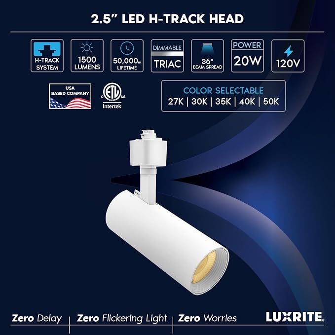 LUXRITE 2.5 Inch LED H-Track Lighting Heads, 5CCT, Round White (24 Pack) | 2700K/3000K/3500K/4000K/5000K, CRI90, 20W, 1500LM, Adjustable 358° + 90° Tilt, H Type Track Light Head, Dimmable, ETL Listed