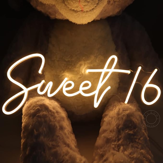 SYLHOME Sweet 16 LED Neon Light Sign 17"X7.3" 5V Sweet Girls Adults Bedroom Happy 16th Birthday Party Wall Decor Beautiful Bestie Sister Gift USB Warm White