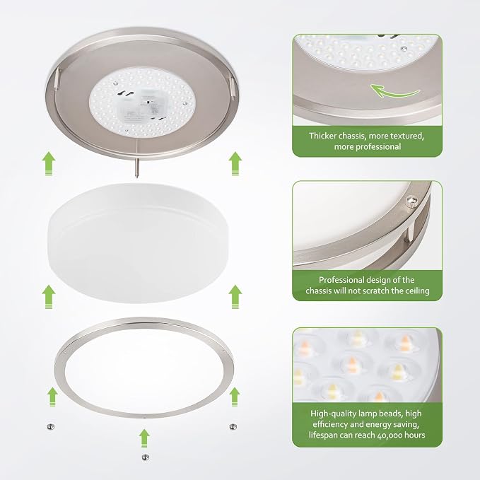 Flush Mount Ceiling Light - 8 Pack 36W 3000K/3500K/4000K/5000K/6000K Dimmable Led Ceiling Light Fixture for Kitchen Hallway Bedroom Bathroom (8, Brushed Nickel, 12 Inch)