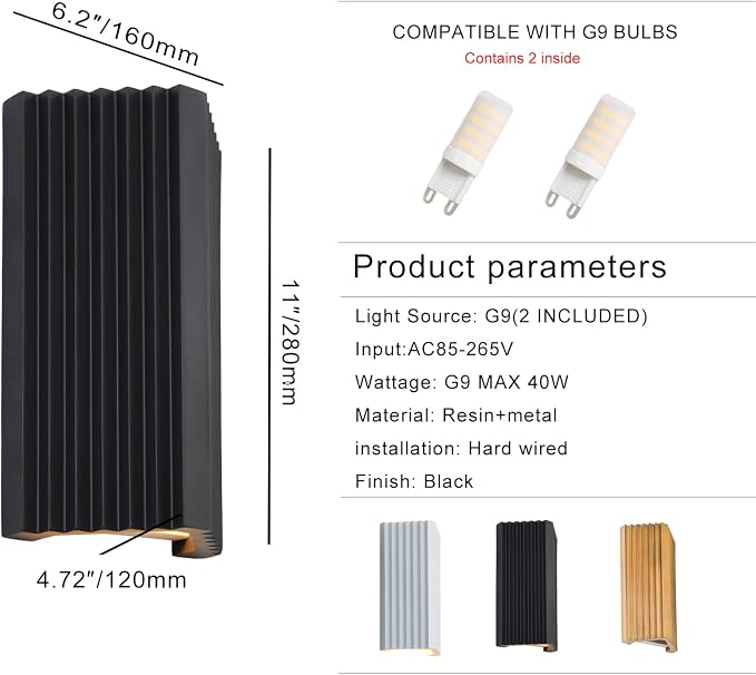 ZEROUNO LED Wall Sconce Indoor Wall Lights, Black Hardwired Up and Down Wall Mount Light for Living Room Bedroom Hallway Corridor Stairs Warm White 3000K (with Replacement G9 Bulbs)
