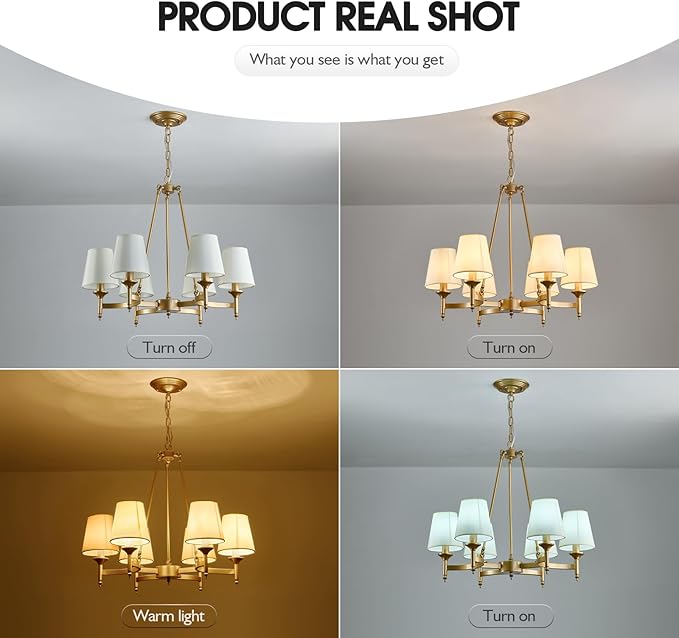 Gold Wagon Wheel Chandelier with White Linen Shade 6-Light Industrial Ceiling Light Fixture 26.8inch Large Farmhouse Hanging Pendant Light for Dining Living Room Kitchen Bedroom Entryway Foyer