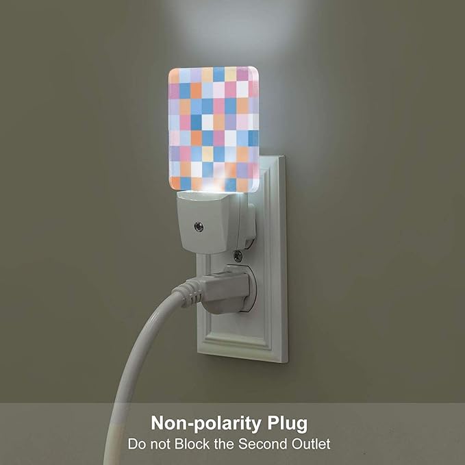 Colorful Checkered LED Plug-in Night Light 2-Pack, Auto Sensor Wood Print Nightlights Set of 2 for Bedroom Bathroom Stairs
