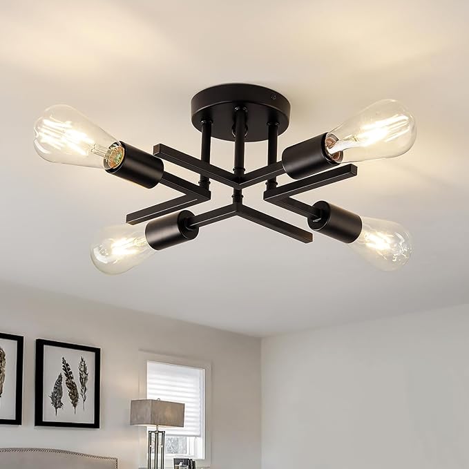Industrial 4-Lights Semi Flush Mount Ceiling Light Fixture Modern Metal Black Sputnik Chandeliers with E26 Bulb Base Close to Ceiling Light for Kitchen Dining Room Living Room Hallway Bedroom Entryway