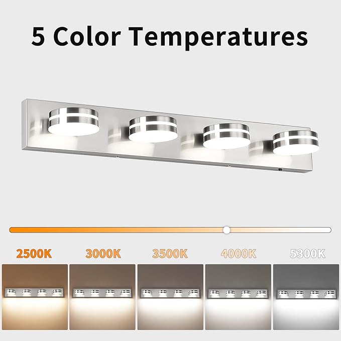 LED Modern Bathroom Lights Fixtures 4 Light 30in Brushed Nickel | Vanity Lights for Bathroom Over Mirror with Metal Acrylic, 5CCT Lighting Modes Dimmable 360°Rotate, for Dressing Room Cabinet