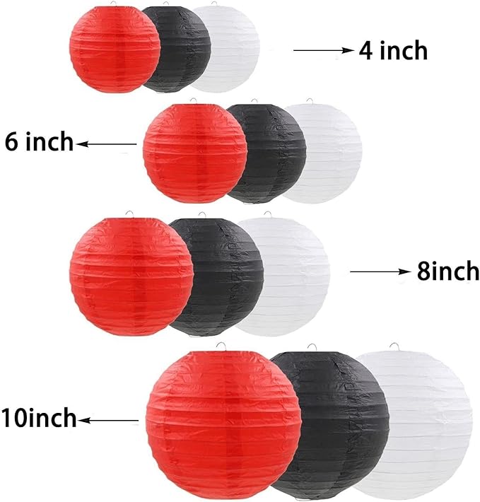 Paper Lanterns Decorative, Hanging chinese lanterns Indoor Outdoor for Birthday, Wedding, Christmas, Bridal, Home Decor, ceiling decorations Black/Red/White 12pcs(Size of 4”, 6”, 8”, 10”)